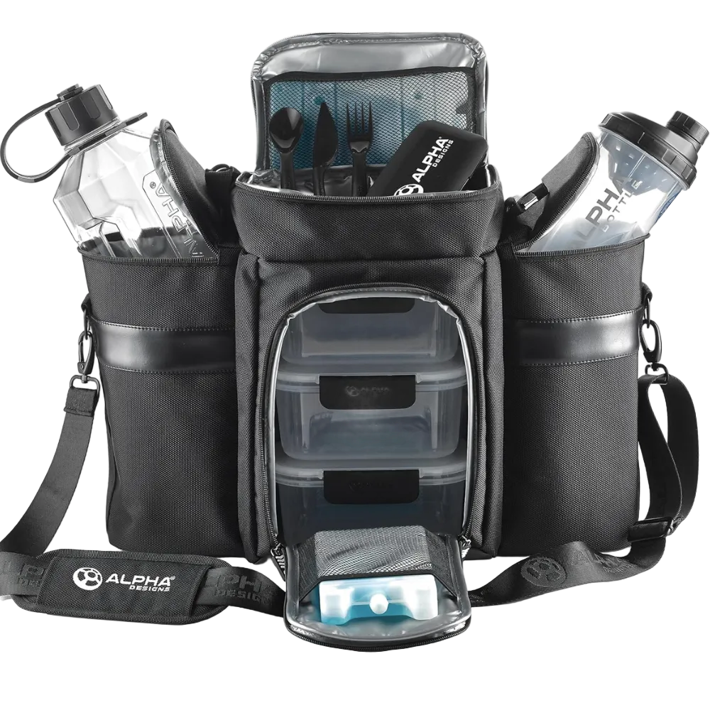 Alpha Designs Meal Prep Cool Bag – Insulated Gym Lunch Bag for Fresh Meals On the Go,Food Storage Containers with Lids, Water Bottle, Protein Shaker & More